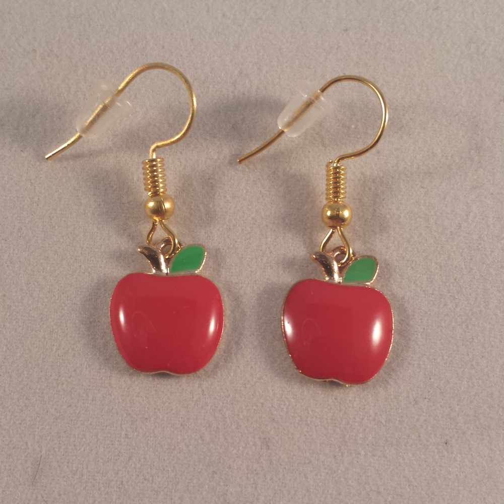 Gold Red Apple Dangle Earrings New Handpainted Festive Party Gift